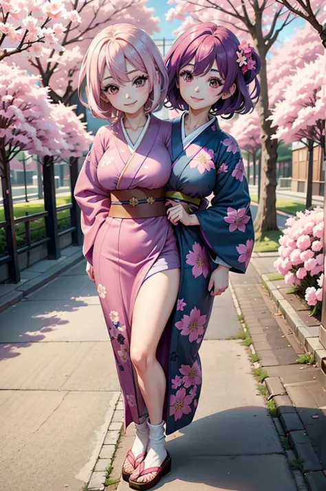 one smiling girl, (conjoined: 1.2), (two headed: 1.2), pink hair, purple hair, wearing blue kimono with pink flower patterns, st...