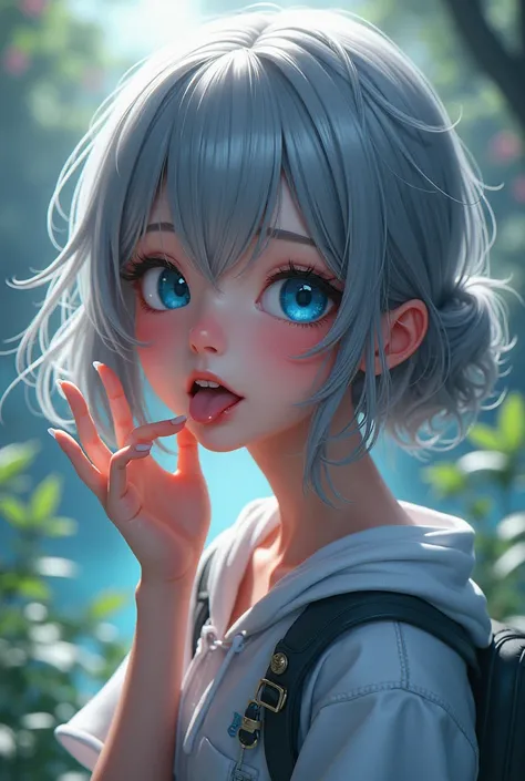 masterpiece, Best Quality, ( Extremely Detailed CG Unity 8K Wallpaper ), (Best Quality), (The best illustrations), (Best Shadow),  1 girl, chest,  Blushing ,  blue eyes, Gray Hair,tooth,  stick out your tongue, 