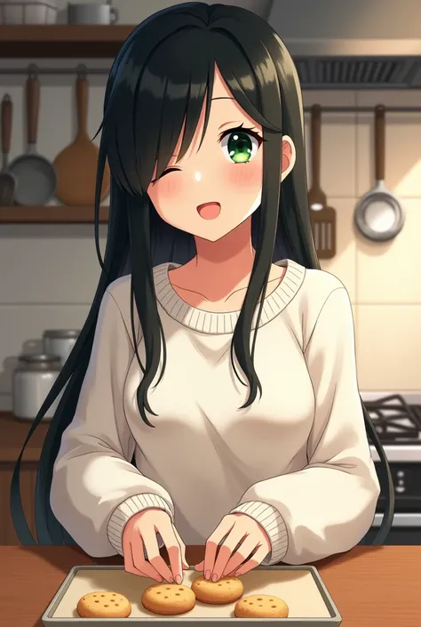  A capture of the anime Boku no Hero Academia,a beautiful woman , long straight black hair, side bangs,  green eyes,  wearing a white sweater , Hes cooking cookies , happy,kitchen background