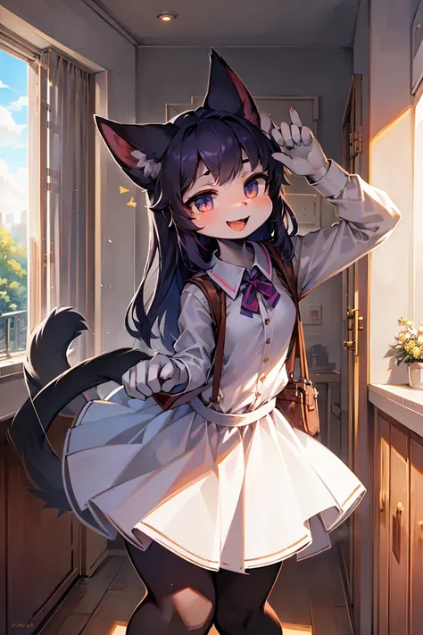 High school girl, Small、  cute face,Cat-like mouth、 open your mouth and smile, innocent smile ,long cat ears ,  white uniform,black hand bag ,  Dynamic Poses 、School,  highly detailed backgrounds ,  high quality,  high detail,  Perfect Anatomy,  very fine ...