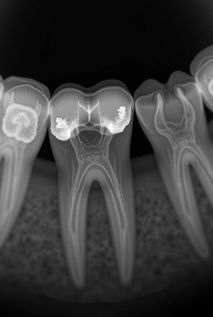 X-ray image of a dental arch ,  with an infected tooth detached from the other teeth