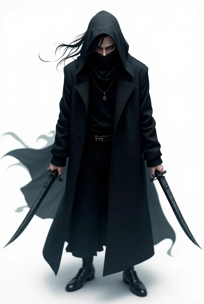 a rogue man in black clothes, black mask covering mouth and nose,black hair, sunken eyes, two daggers in hands, full body top view, white background, detailed anime style facial features,highly detailed, sharp focus, 8k, photorealistic, masterpiece, cinema...