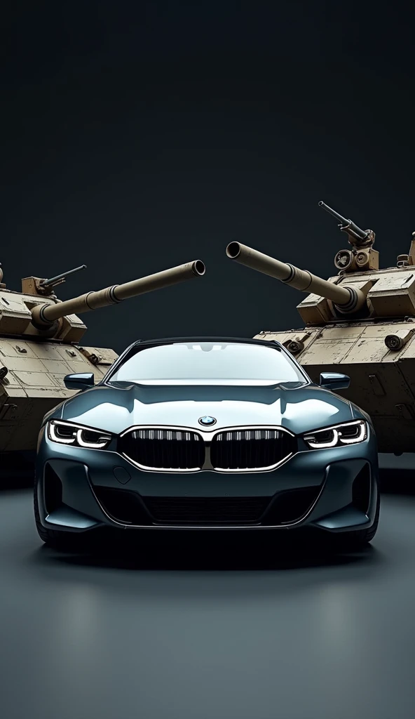 "A hyper-realistic 8k quality image of a BMW car and a military tank placed side by side. The BMW is sleek and polished, showing off its modern design, sharp headlights, and glossy metallic surface under dramatic lighting, highlighting every contour. Besid...