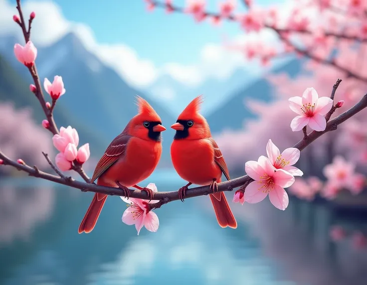 A hyper-realistic and awe-inspiring hyperspectral image of a delicate cherry blossom branch, captured with cutting-edge technology. The image offers a breathtaking view of the branch with two charming red birds perched on it. The birds have glowing eyes an...