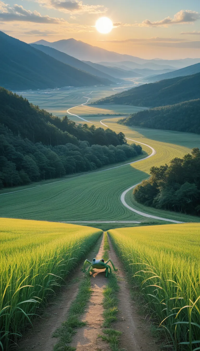 summer scenery in the japanese countryside。 a large field with green ears of rice fluttering in the wind 、 realistic and photore...