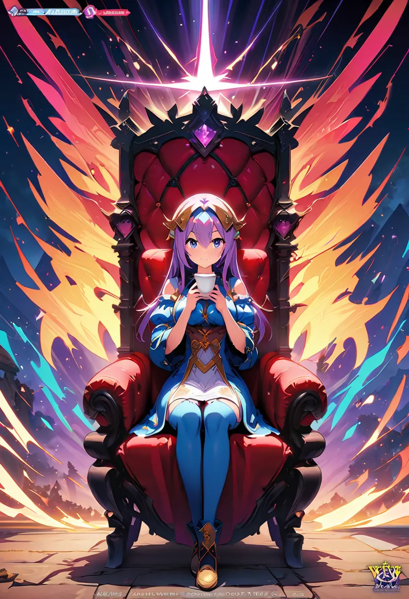  anime girl sitting on a chair holding a coffee cup in her hand, Alchemist Girl , Light novel cover ,  official art,  Epic Light Novel Art Cover ,  official artwork, epic Light novel cover , change, isekai, small curve change, Crush Lease, Kshat Krentzky Art Feminine,  Shadowverse Style, Moe Dwarf,