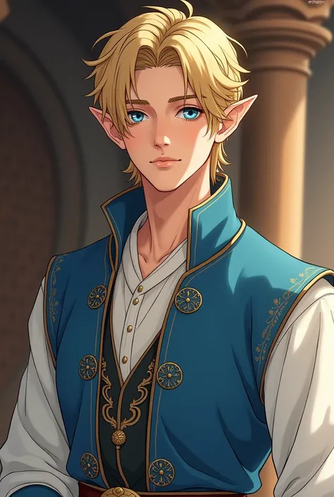 A male elf with short blonde hair and blue eyes and handsome,Medieval clothing, blue, white, brown and a 2D anime. 