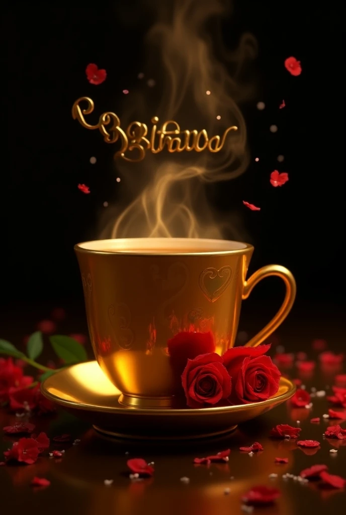 Create a hyper realistic image of a glossy shiny vibrant Golden Cup and saucer with heart design the cup should have steam rising from it that form smoke, culminating in a floating glossy shiny name ‘satyam’ surrounded by smaller features at the top near v...