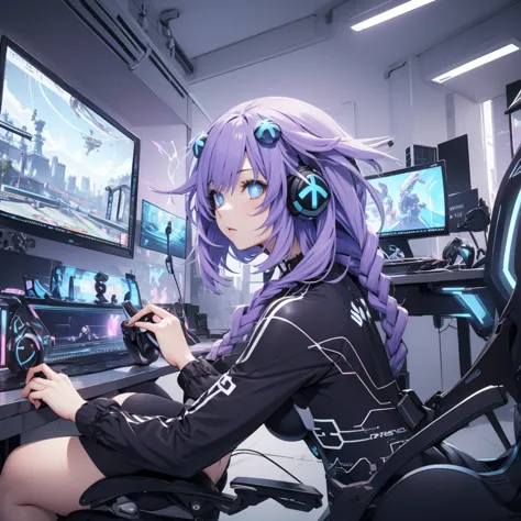 beautiful girl playing video games with headphones in a bright room from the side, it only has one screen in front, close plane ...