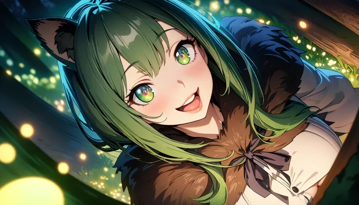 Beautiful woman, 1girl, ( beautiful detailed eyes,  Beautiful Detailed Lips ,  Beautiful Detailed Face ,  long eyelashes ), Green Hair,  long straight , Beastman, Animal Ears , tooth, smile,  open your mouth and laugh, (8k, Best Quality, masterpiece: 1.2),...