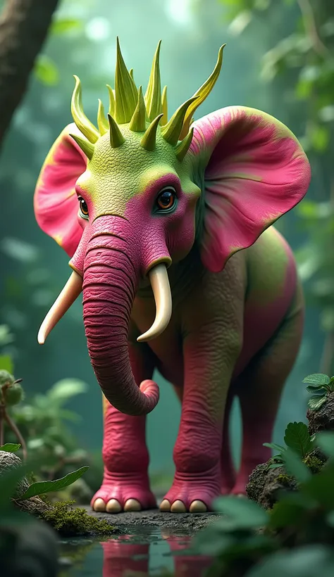 "Imagine a creature thats a mix between an elephant and a dragon fruit. It has the large, strong frame of an elephant, but its skin is textured and colored like a dragon fruit, with patches of vibrant pink and green. Its trunk and ears are covered in drago...