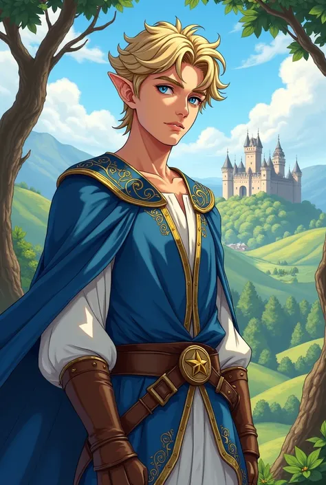 A prince elf with short blonde hair and blue eyes and handsome,Medieval clothing, blue, white, brown and a 2D anime.