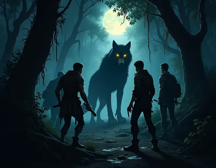  A dark and terrifying jungle scene at night ,  with tall, dense trees and thick vines surrounding the area .  In the center of the scene ,  a menacing werewolf with sharp claws and bright yellow eyes crouches in the shadows , ready to attack. about,  a gr...