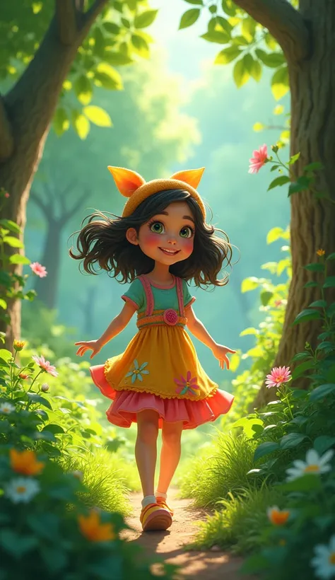 A young girl named Ayesha, dressed in colorful clothes, is happily walking through a forest filled with green trees, bushes, and sunlight peeking through the leaves
