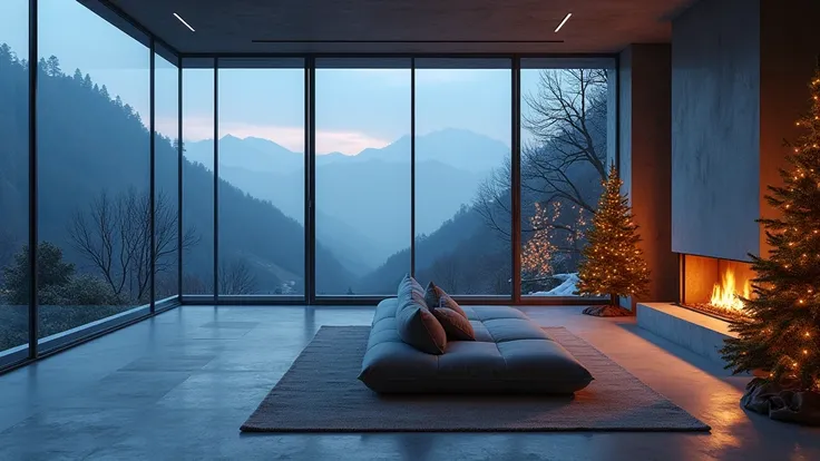 (masterpiece:1.2,Outstanding quality,Mirror finish, Cinematic Experience ),8k, wallpaper, aurora ,dynamic,(Diffuse reflection of light:2.0)、 A concrete mansion built in a fantastic valley、Large sofa and fireplace on the balcony of the mansion 、The Christma...