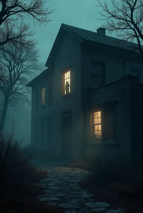 A dark, abandoned school building at night, with dim lights flickering from inside. The building appears old and worn-out with cracked walls, surrounded by eerie trees and fog. A faint ghostly figure is seen near one of the windows.