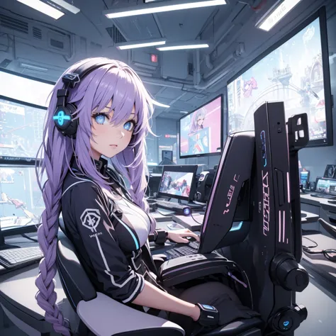 beautiful girl playing video games with headphones in a bright room from the side, it only has one screen in front, close plane ...