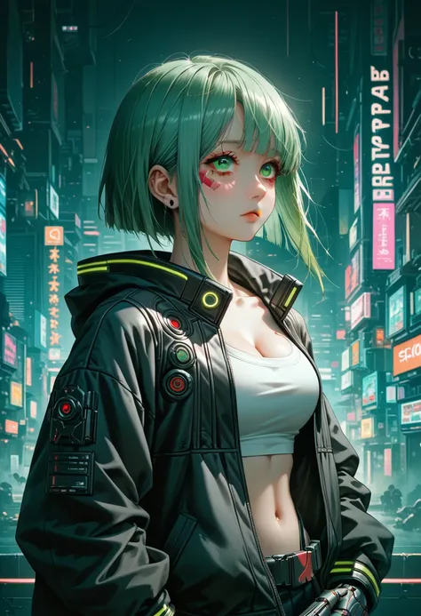  a woman with green eyes and a black jacket holding a gun, cyberpunk anime art, chica anime cyberpunk, best anime 4k konachan wallpaper, anime girl cyberpunk mech, female cyberpunk anime girl, cyberpunk anime art, anime style 4k , digital cyberpunk anime a...