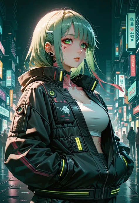  a woman with green eyes and a black jacket holding a gun, cyberpunk anime art, chica anime cyberpunk, best anime 4k konachan wallpaper, anime girl cyberpunk mech, female cyberpunk anime girl, cyberpunk anime art, anime style 4k , digital cyberpunk anime a...