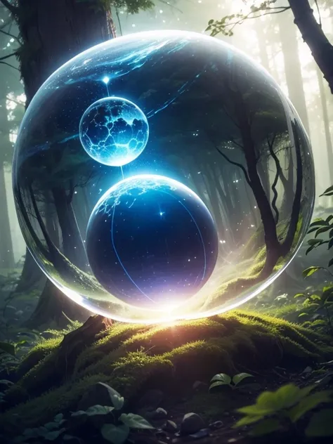  The forest is filled with a transparent sphere cube floating in outer space　A gentle light shines from the center of that forest 