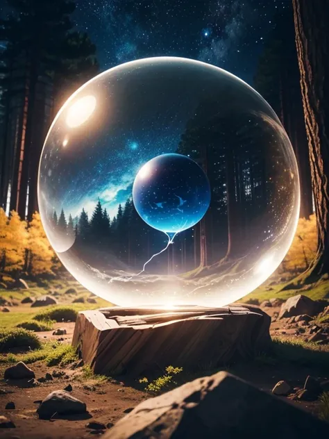  The forest is filled with a transparent sphere cube floating in outer space　A gentle light shines from the center of that forest 