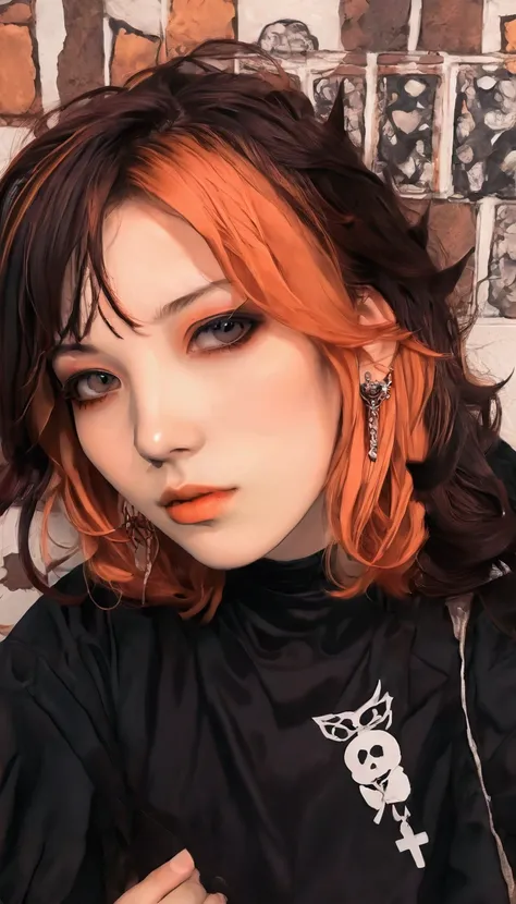  a close up of a person wearing a black shirt and red hair, orange and black tones,  cruel Korean goth girl , 🤤 portrait of ,  anime vibes , gothic aesthetics de garota, Himes court, orange and black, two-colored hair ,  a  goth anime girl ,  Black and red...