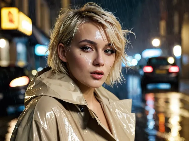  beautiful girl ,  blonde, looks at me,  Short hair, leaking makeup ,  in a wet beige raincoat, lights a cigarette , she is cold, walking down the street, Night, rain,  cars pass by 