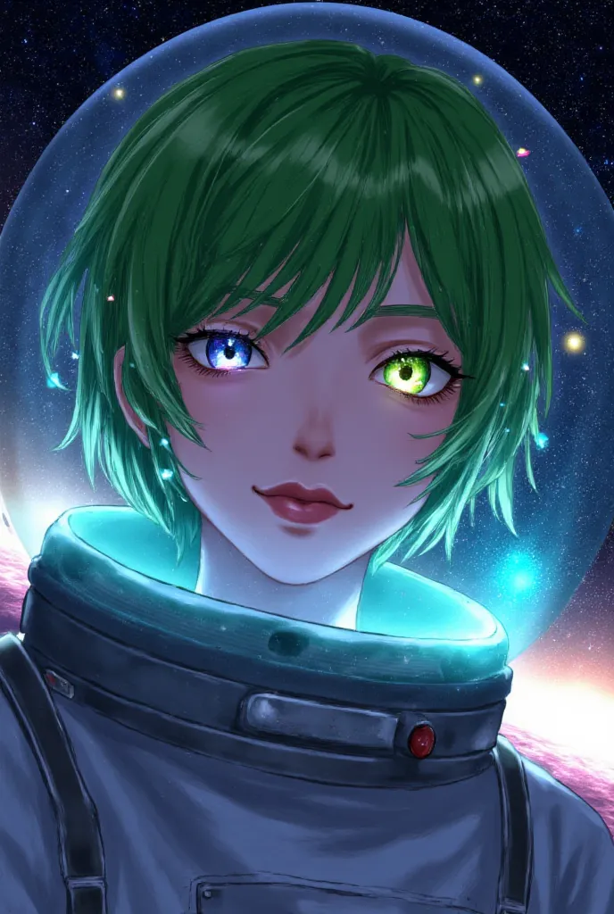 (close-up of a better masterpiece:1.5)0.9], (space and astronauts:1.2) (messy green hair:1.1) (heterochromia xanthochromia and b...