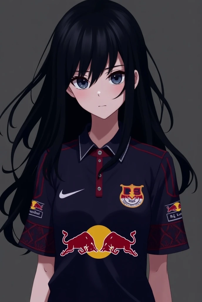  Make me a female goth anime-style character with black hair  , slim, pale skin , dark blue eyes ,  a dark purple RB LEIPZIG shirt ,  red Bull logo without letters , details on sleeves and collar in red full body posing 