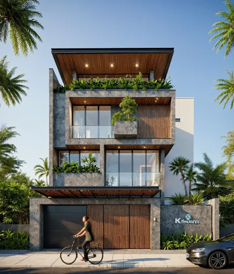 this image depicts a modern, multi-story townhouse with a sleek design that emphasizes verticality and incorporates natural elem...