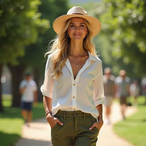  A young blond Brazilian woman 

wearing casual clothing , light blouse in the color  # ffffff loose around the body and cotton fabric pants in the color # 6A5A3D and with a sun hat ,
 sun hat on a walk in the park in the morning and beautiful trees and ot...