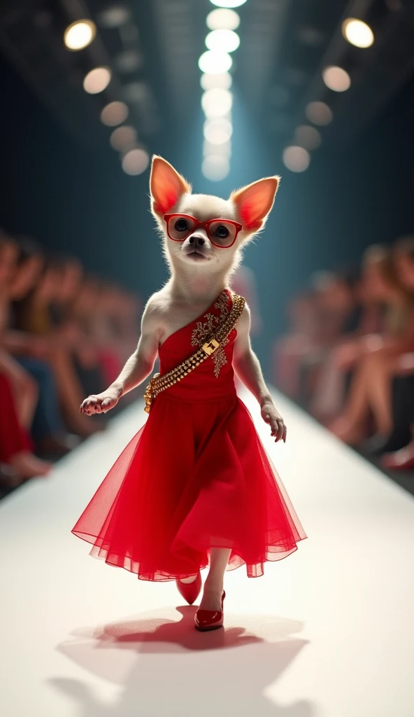 
8k, Realistic. Photorealistic. Image is vibrantly colored. photo,Highly detailed Photo quality, high quality, 

A Chihuahua puppy walks down the runway to the camera. 


The puppy is dressed.


red one-shoulder long dress with fancy embroidery,
wearing go...