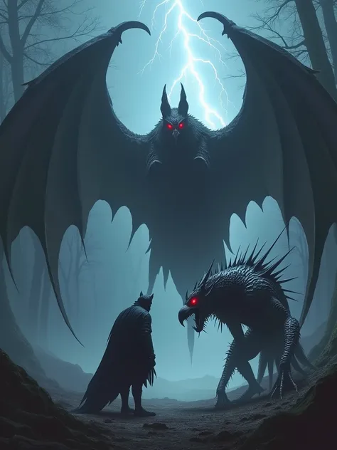 An eerie, monstrous showdown unfolds between a gargantuan bat with leathery wings and glowing red eyes, and a massive, hawk-like creature with jagged metal feathers and a razor-sharp beak. The creatures stand in a dark, fog-covered forest, with ominous lig...