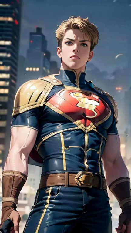 (High-definition CG), (Best Quality),   superhero with a beautiful body, Hero Costumes , Handsome and cool young man ,   Slim and Muscular  , The skin is brown,  blond hair, Frivolous