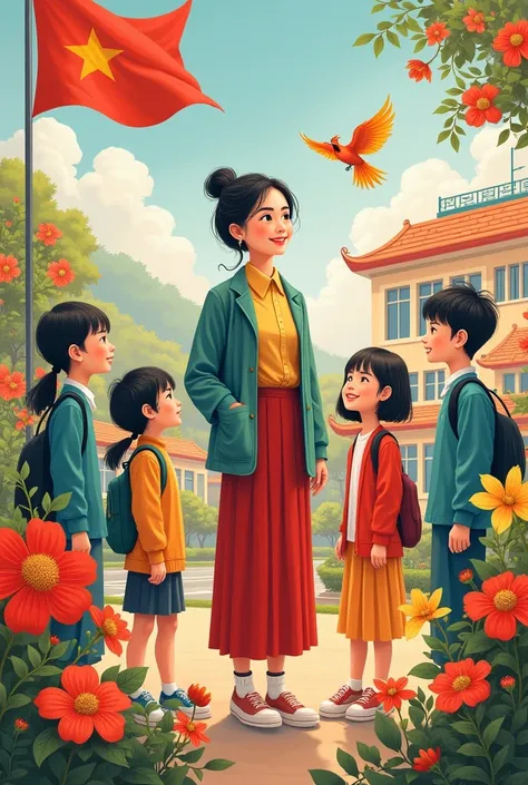 A painting on the theme of Vietnamese Teachers Day 
I want a picture of a Vietnamese teacher whose main character is a teacher and four students behind it will be a school flanked by flowers and a phoenix you are a Vietnamese flag with a tape recording say...