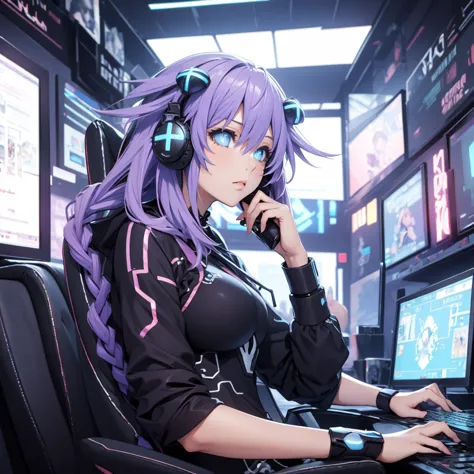 beautiful girl playing video games with headphones in a bright room from the side, it only has one screen in front, close plane ...