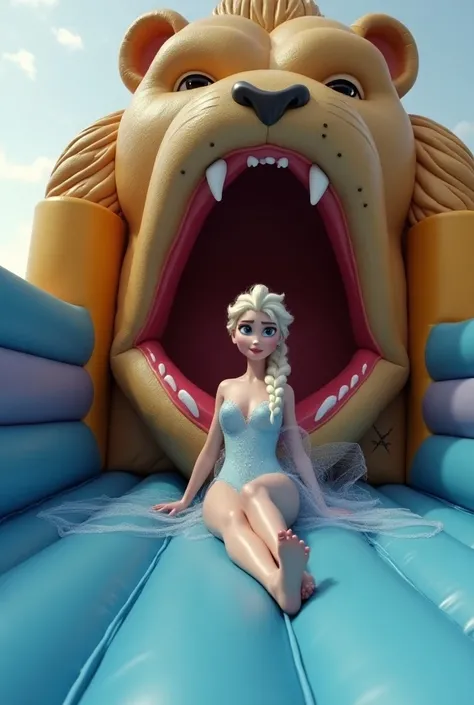 Elsa trapped in a bouncy castle completely nude and is swallowed by an inflatable with a moving lion mouth