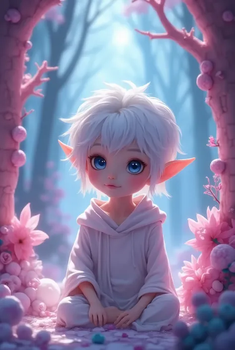 Create an elf boy, albino, with blue eyes, calm and a pink lock Anime type dungeon meshi that is a man That is a young male boy 