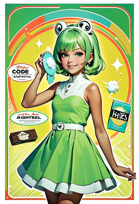 (masterpiece, best quality),A 1960s American advertisement-style poster illustration with bright, retro colors and a printed, vintage texture. A young girl with a big smile is featured, dressed in trendy, period-appropriate fashion—such as an A-line dress,...