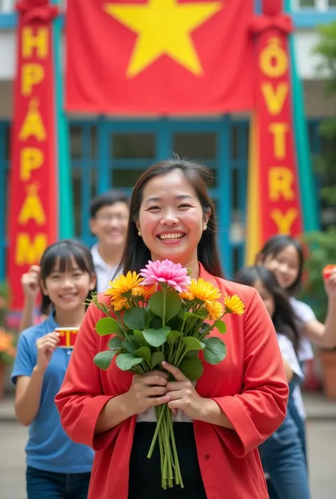 Each picture of the Vietnamese teacher has a scene of a teacher and four students as the main character then the teacher is holding bouquets of flowers and smiling. The four students are also smiling and behind the teacher and the students is the school wi...