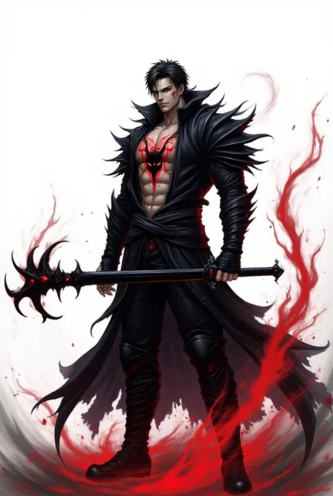  Black-haired man up to his shoulder , scars, Sturdy body, Demonic Mark On Chest , leather clothes,  Holding a black sword surrounded by a demonic flame,  White background,  Anime style.