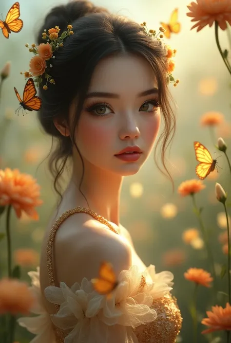 A beautiful detailed 1girl, extremely detailed eyes and face, longeyelashes, elegant hairstyle with flowers, intricate dress, serene expression, surrounded by a lush garden with vibrant flowers and butterflies, magical fantasy atmosphere, warm lighting, vi...