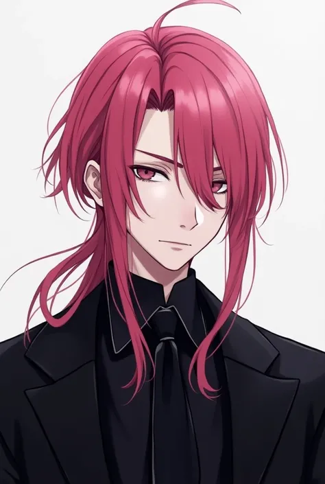  anime style、 pink hair 、Neutral face、male、 black suit、Long Hair、