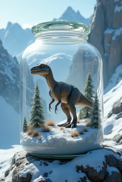 a transparent glass jar containing a snowy mountain landscape and a dinosaur, snowy mountains background, highly detailed, hyper realistic, 8k, photorealistic, cinematic lighting, vibrant colors, volumetric fog, dramatic atmosphere, intricate details, mast...