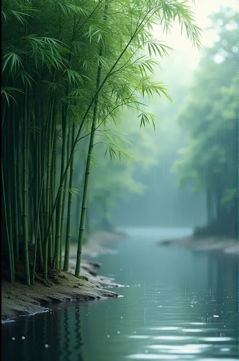 Relaxing view with rain drops and bamboo tree in the river 
