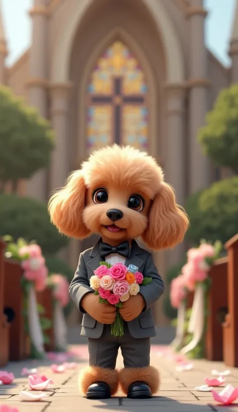  a beige toy poodle puppy standing in front of the church 。A real toy poodle。 puppy is a gray tuxedo and bow tie 、 gray pants 、The 。 puppy wearing black leather shoes has a colorful bouquet of flowers and the 、 wedding decorations are decorated 。In the bac...