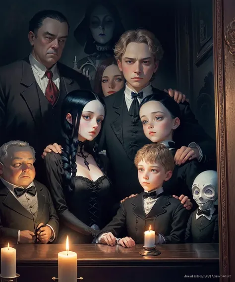  refined hand on a candle chest in a dark room, Andrew Ferez, Addams, the Addams family, Adam Sentpetery , Family photo, inspired Andrew Ferez, Guillermo del Toro, key art,  official artwork , mourning family,  Tadeusz Pruskowski , Anton Fadeev