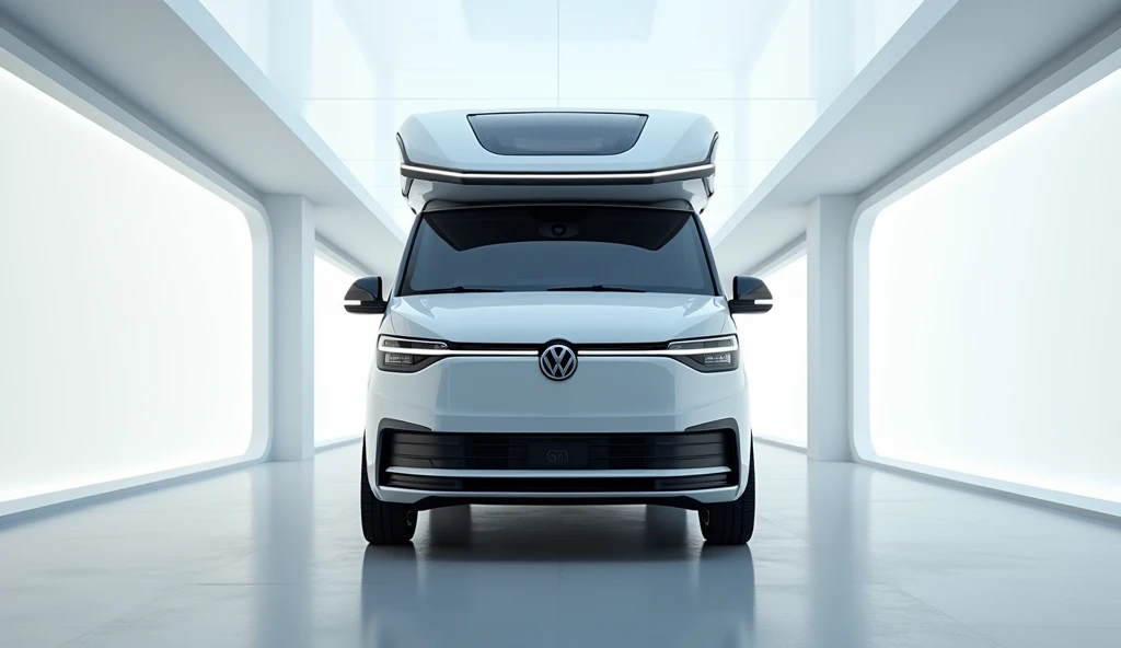 Create a front sides view of a modern Volkswagen motorhome concept, The setting is a clean, minimalistic showroom with white walls and soft, futuristic lighting to highlight the car’s features