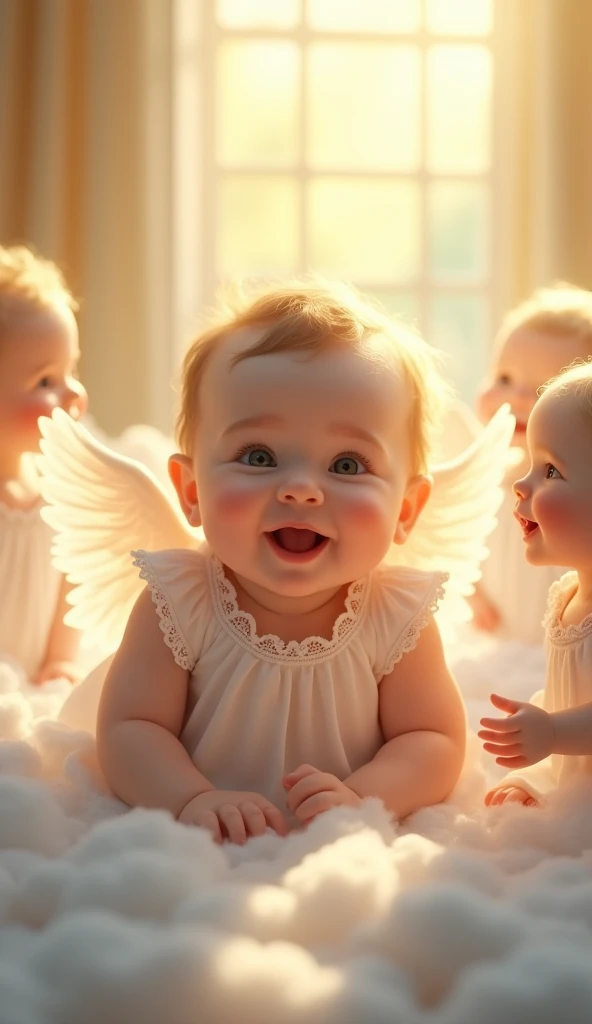 "Realistic baby with chubby cheeks, soft curls, and bright eyes, joyfully playing with friendly, glowing angels in a serene, heavenly environment. The baby is wearing a soft, white gown with lace and ribbon details, complementing the angelic atmosphere. Th...