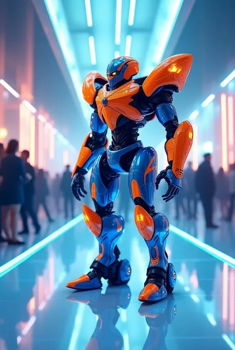 100 bugs robot with blue and orange skin body kit neon light crowd on white mirror flor